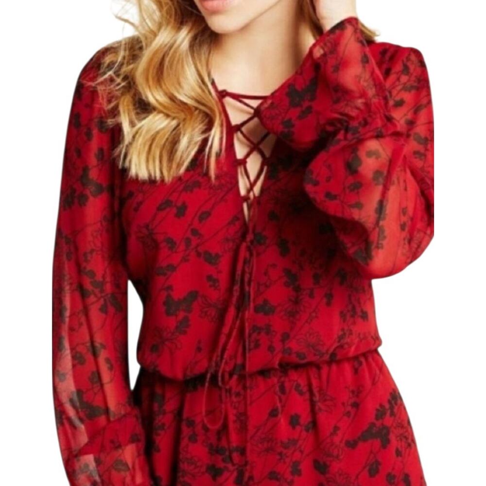 BCBGeneration Cranberry‎ Floral Short Romper Lace Up Front Lined SZ L Night Out